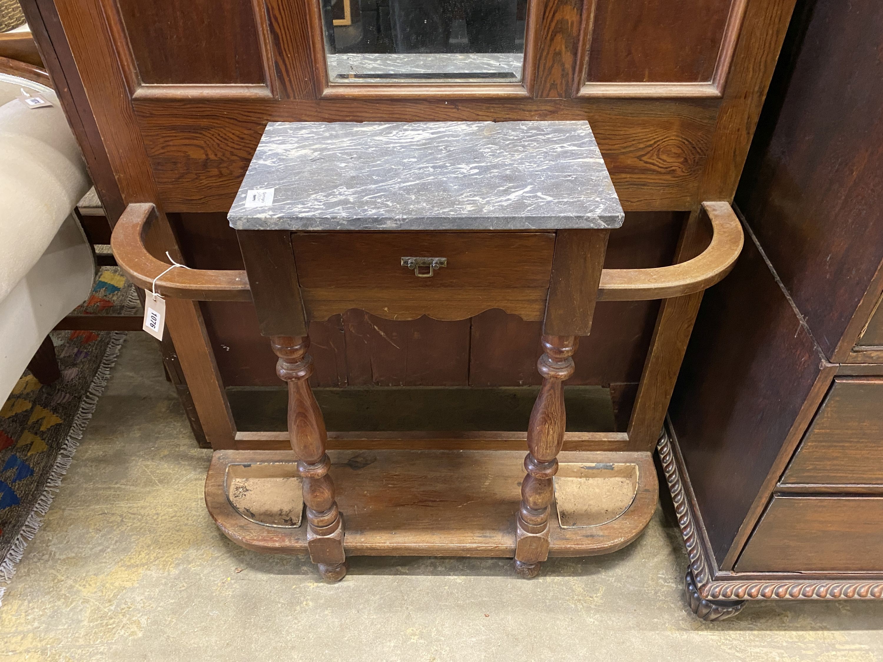 A Victorian marble topped pitch pine hall stand, width 96cm, height 196cm
